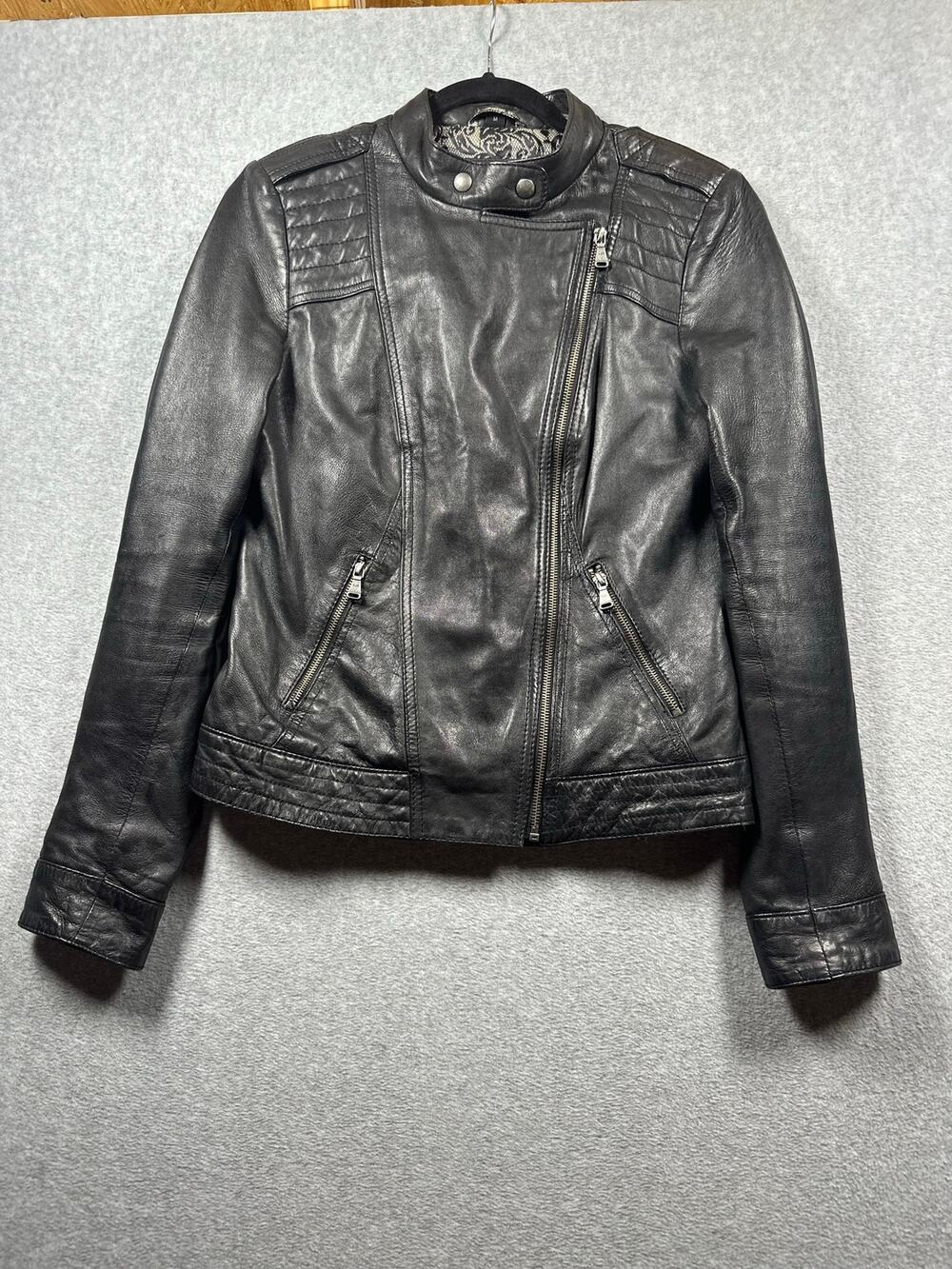 VTG GUESS Moto Biker Jacket Women’s Medium Black Leather Pockets Asymmetric Zip